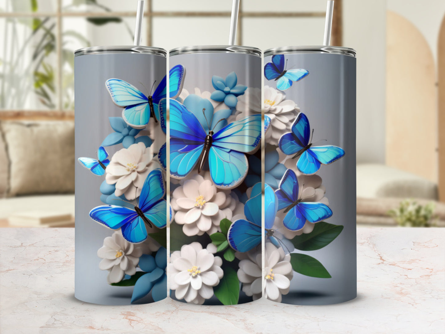 Tall tumbler with blue butterflies and white flowers design.