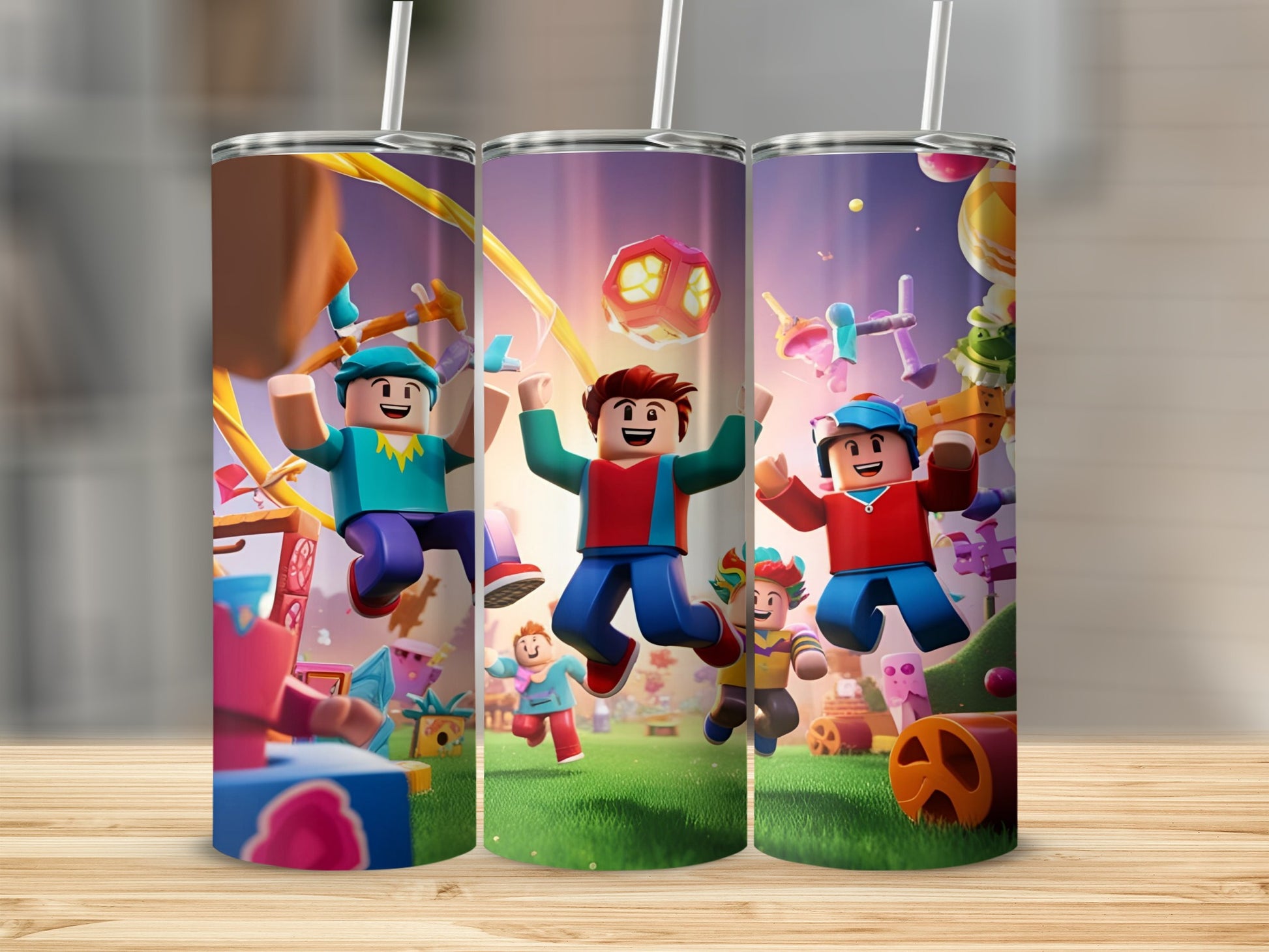 Roblox characters jumping with colorful cartoon background.