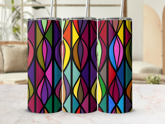Three tumblers with a stained-glass inspired geometric pattern.