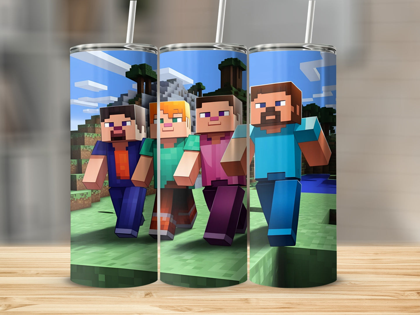 Four Minecraft characters walking on grass with trees and sky background.