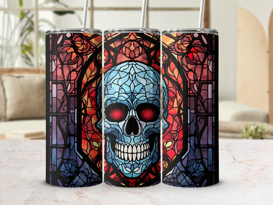 Three tumblers with stained glass skull designs, glowing red eyes.
