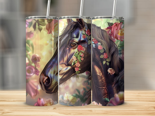Dark horse head with colorful floral embellishments, close-up.