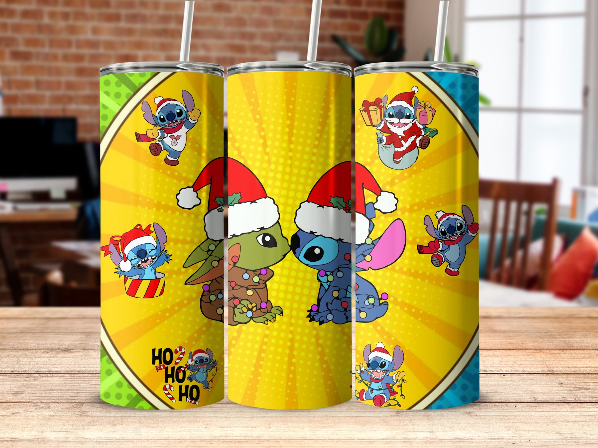 Colorful Festive Holiday Tumblers with Cute Stitch Design