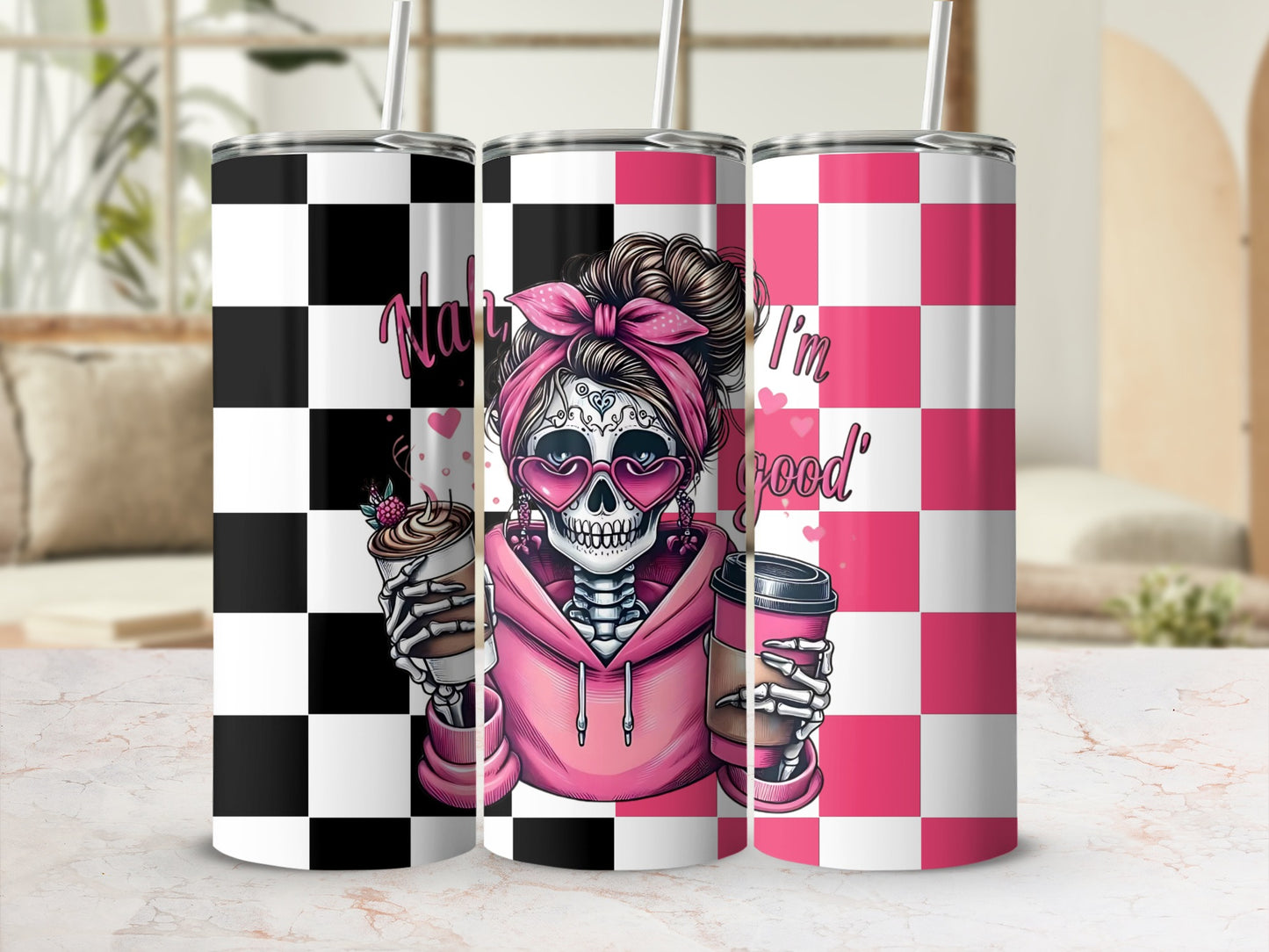 Pink and Black Checkered Skull Tumbler with Hearts
