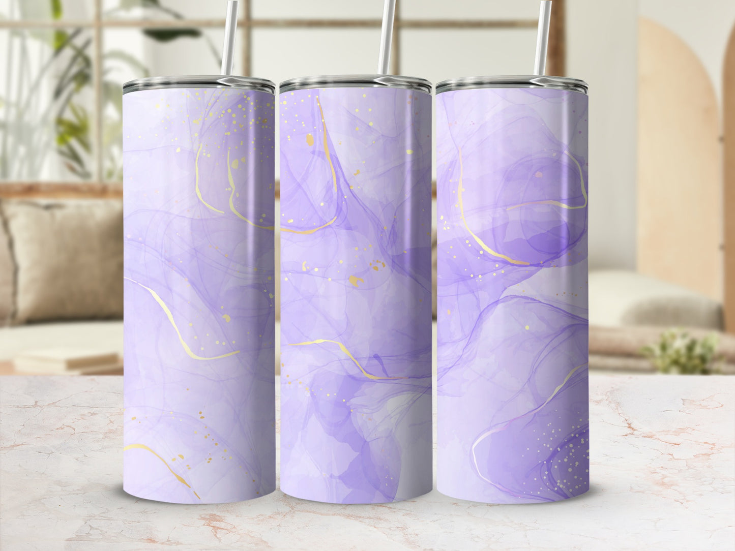 Three tall tumblers with purple watercolor and gold splatter design.