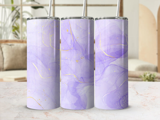 Three tall tumblers with purple watercolor and gold splatter design.