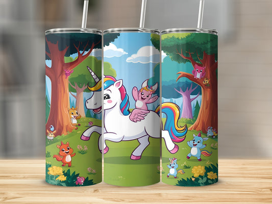 Unicorn with colorful mane and tail, surrounded by woodland creatures.