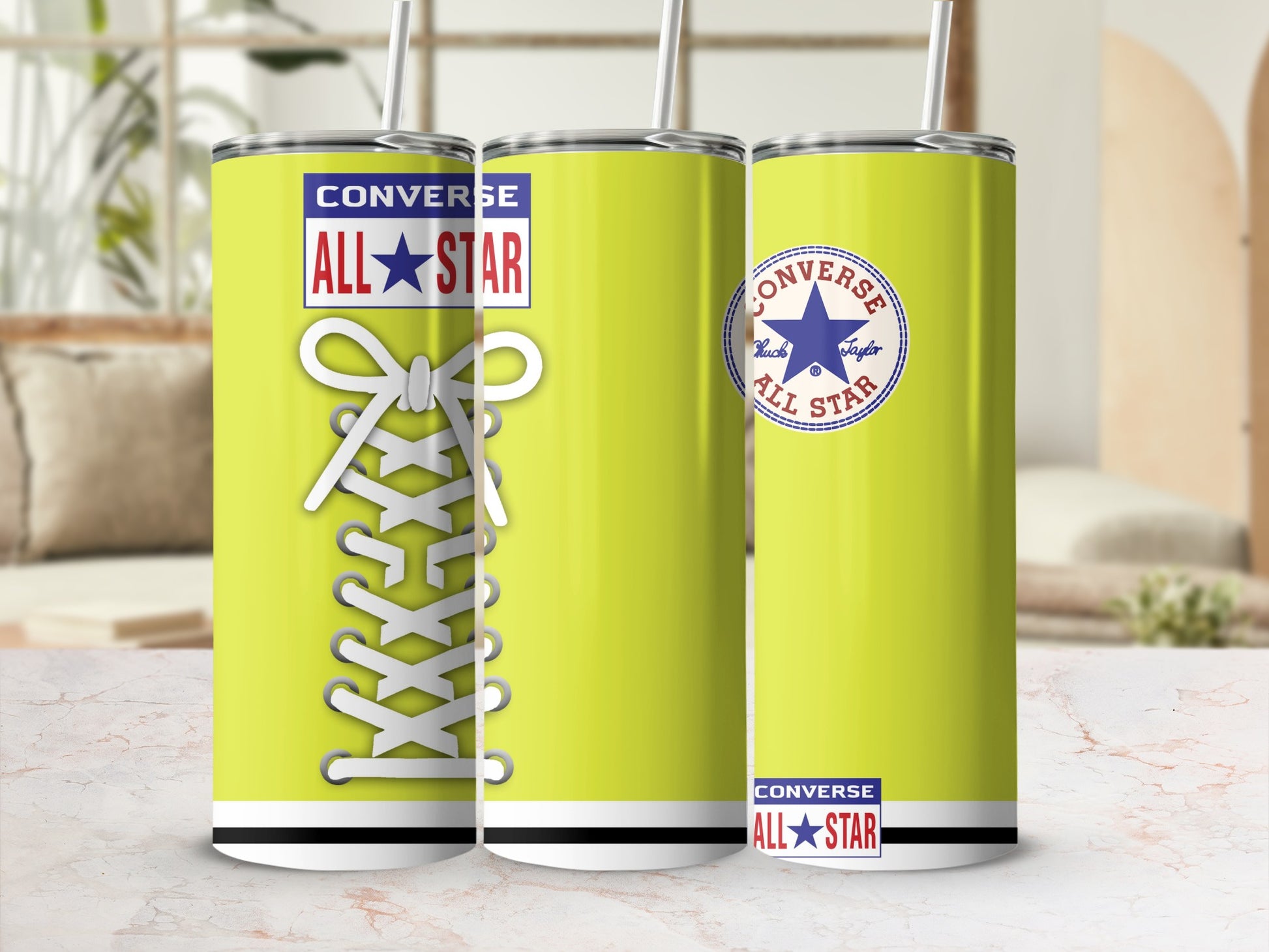 Converse All Star tumblers with white laces and blue stars on yellow background.