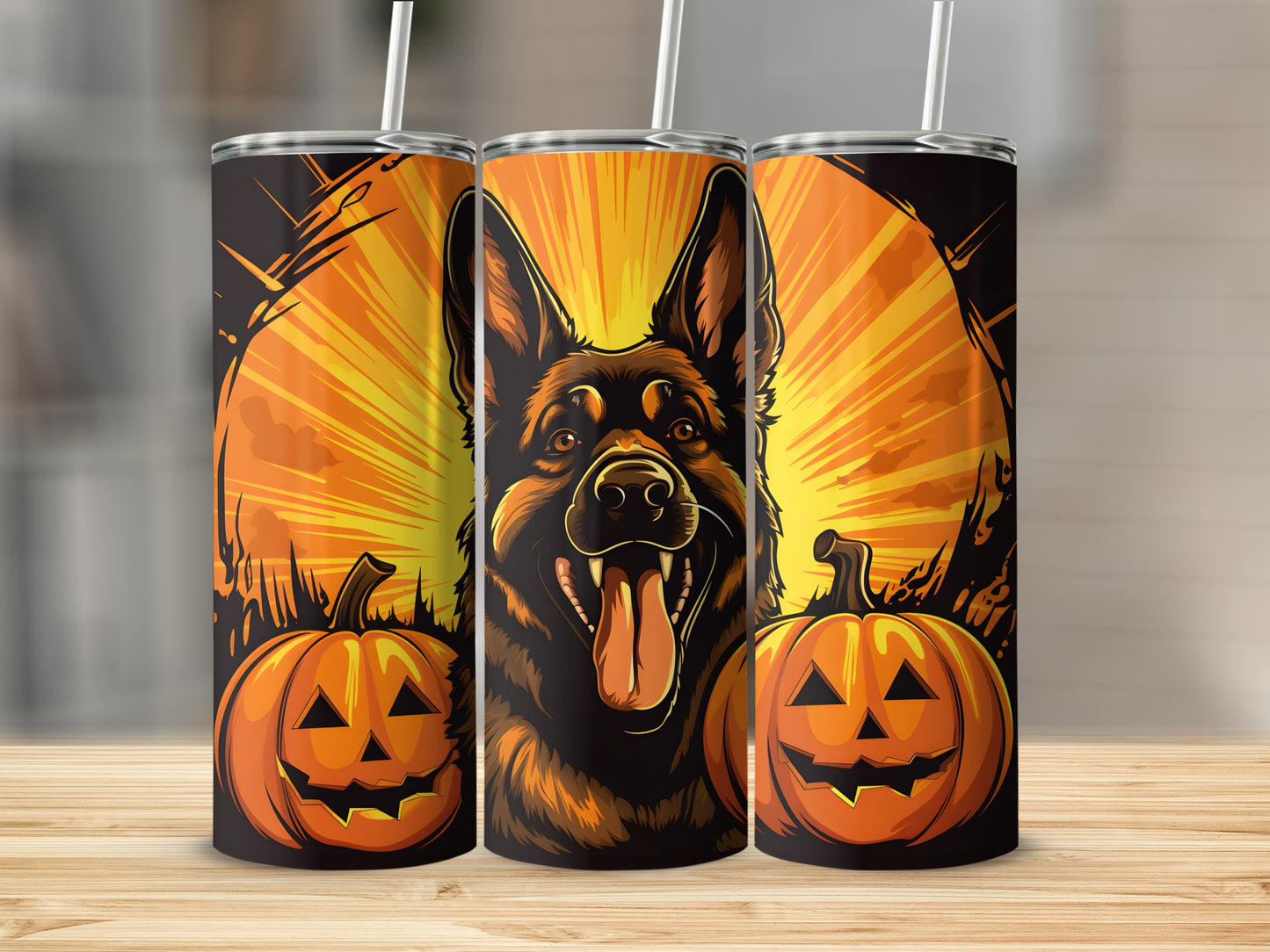 German Shepherd and jack-o'-lanterns Halloween design on a tumbler.