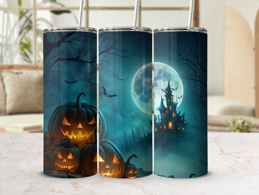 Three tumblers with Halloween scenes: jack-o'-lanterns and a haunted castle.