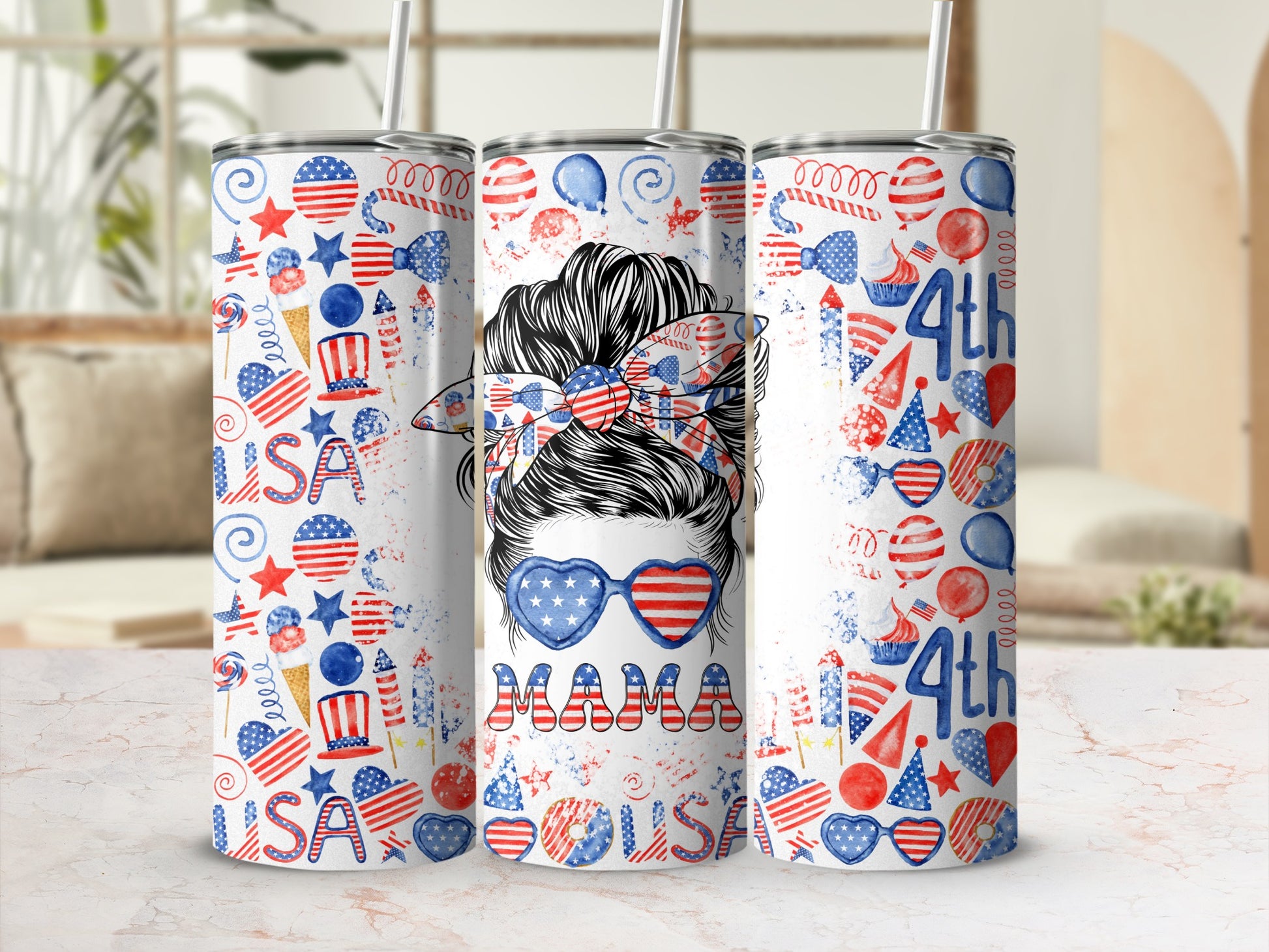 Fourth of July tumbler with patriotic mom bandana and sunglasses graphic.