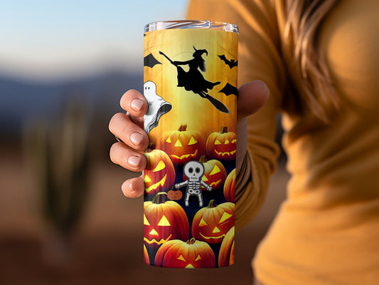 Halloween Themed Tumbler with Pumpkins and Witch Design