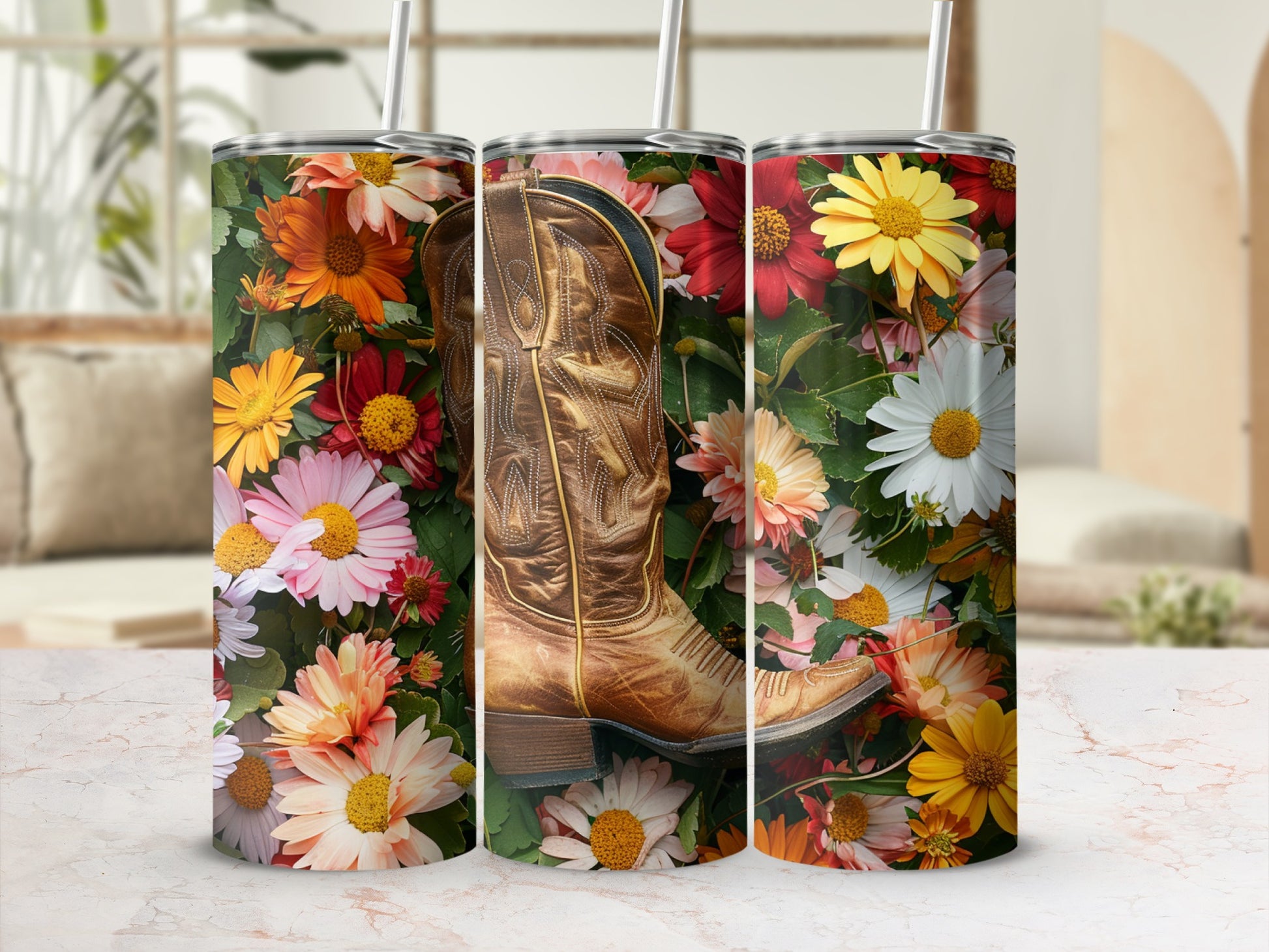 Cowboy boot and colorful wildflowers on a floral tumbler.