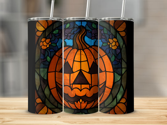 Three tumblers with stained-glass pumpkin Halloween design.