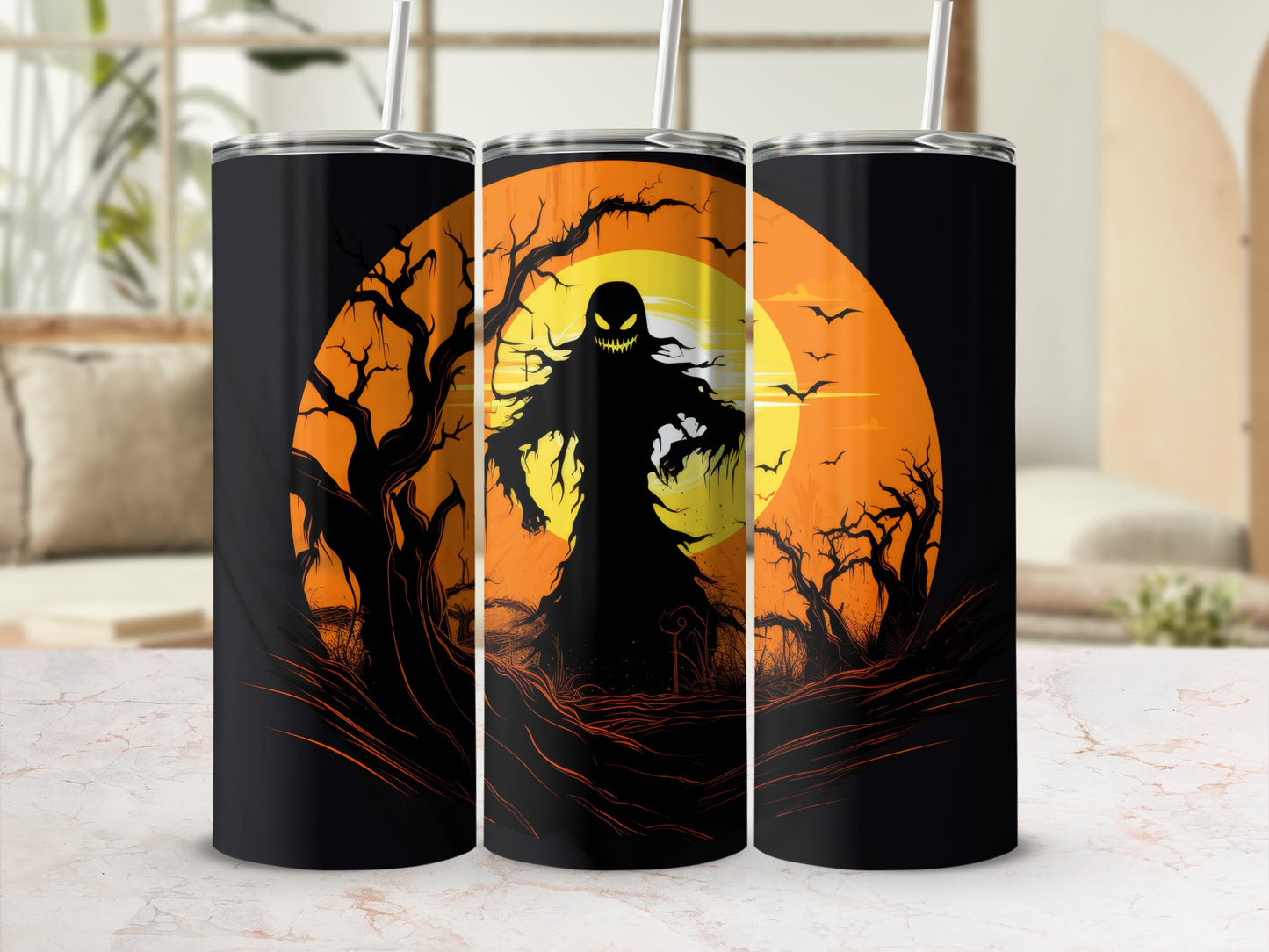 Tumblers with a spooky Halloween ghost and bare trees against a full moon.