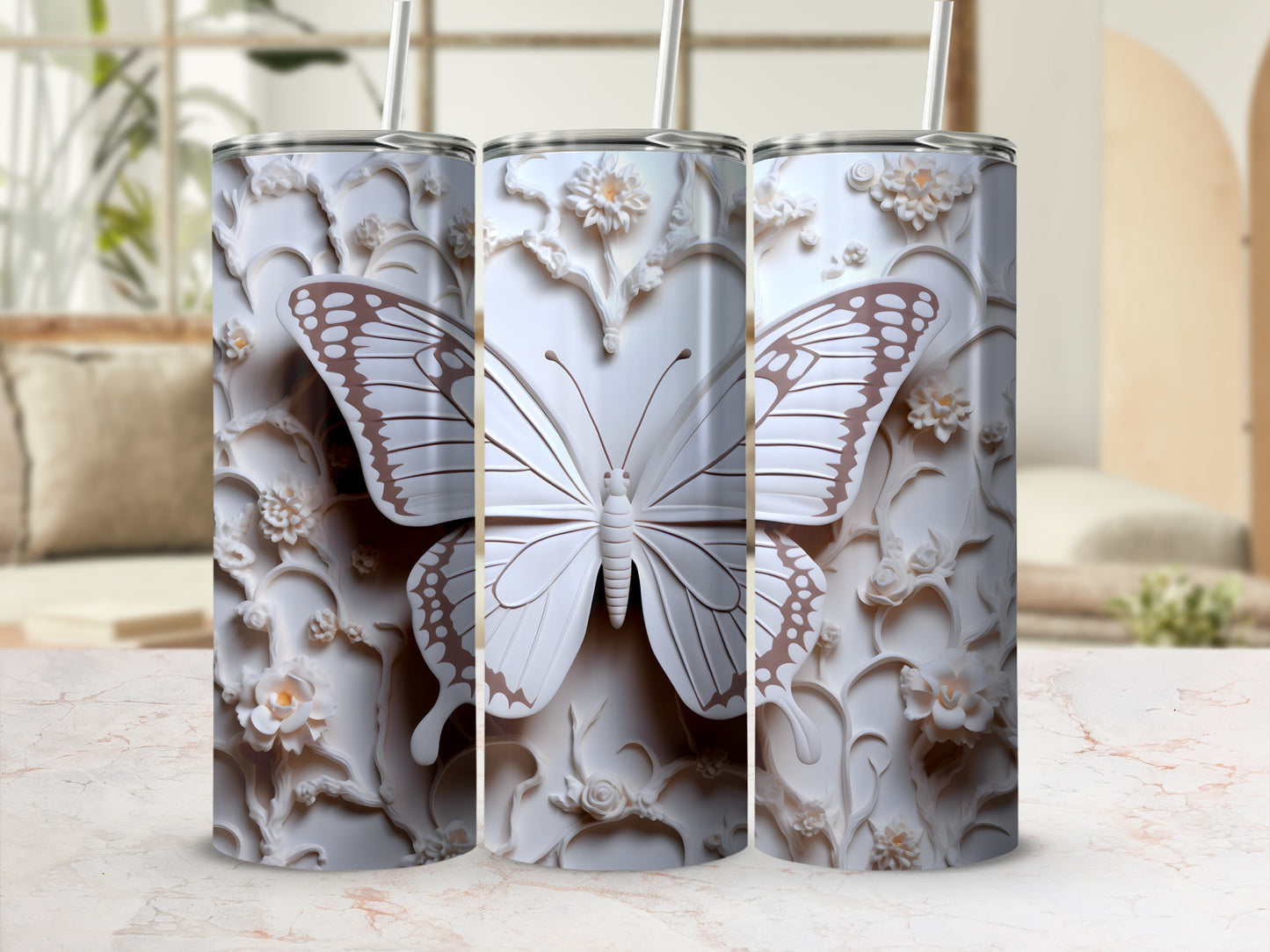 White tumbler with embossed butterfly and floral pattern.