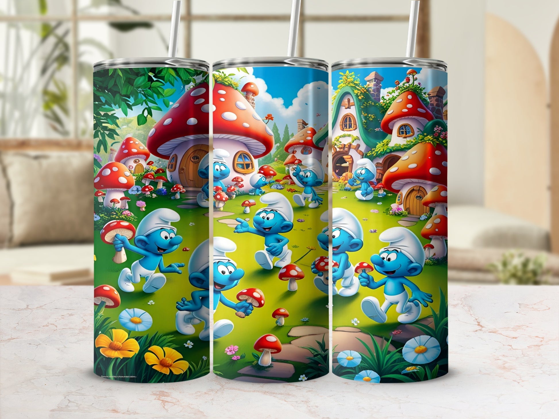 Smurfs playing in a village with mushroom houses and flowers.