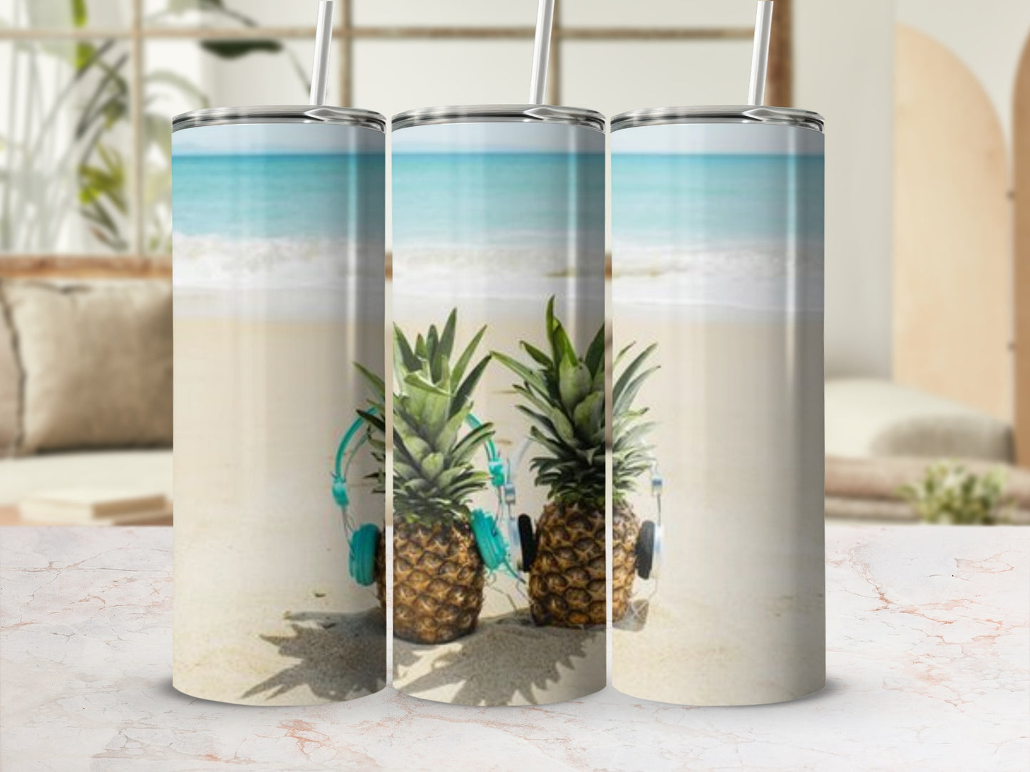 Pineapples with Headphones on Beach Travel Cups
