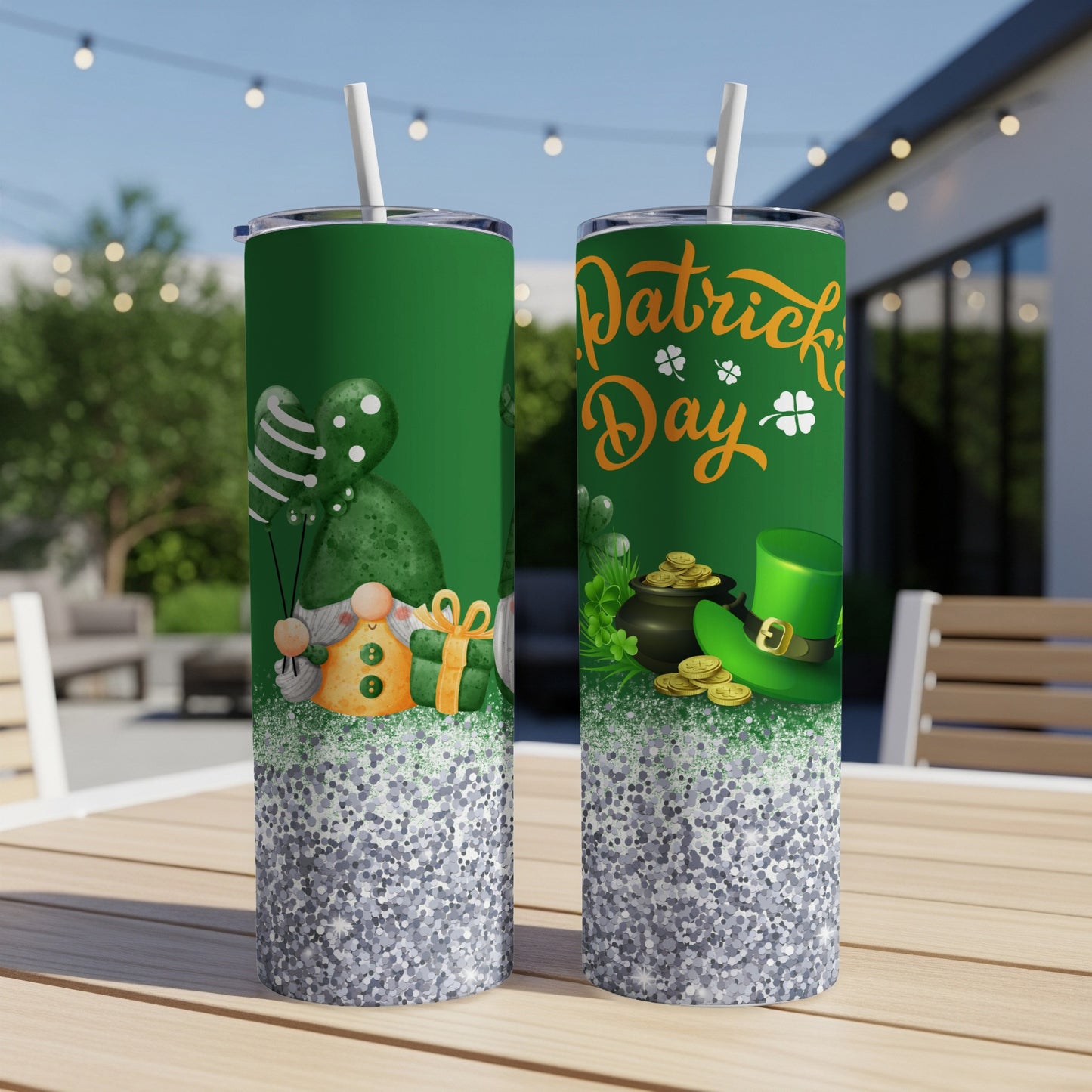 Green tumbler with St. Patrick's Day gnome and shamrocks design.