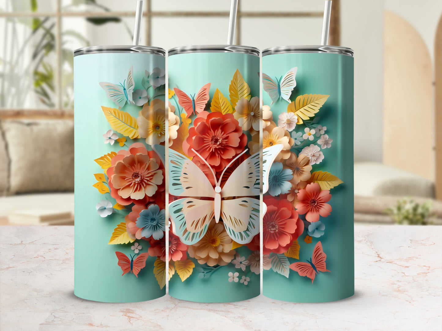 Colorful Floral Butterfly Design Insulated Tumbler