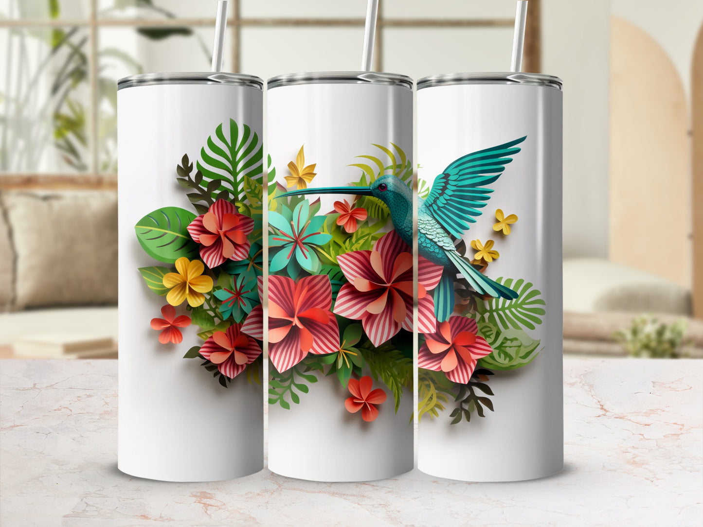 Floral Hummingbird Design on White Stainless Steel Tumbler