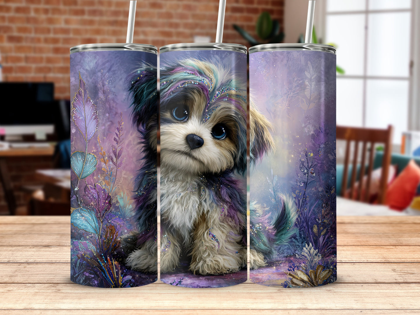 Adorable Puppy with Colorful Background Design Tumbler