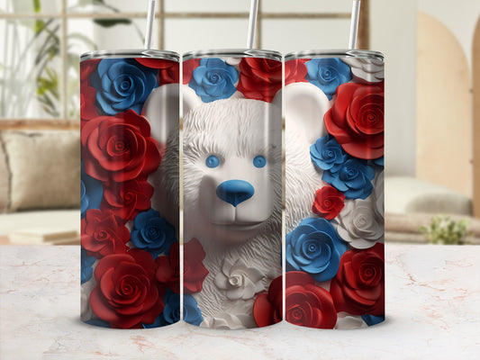 White bear with blue eyes on a tumbler surrounded by red and blue roses.