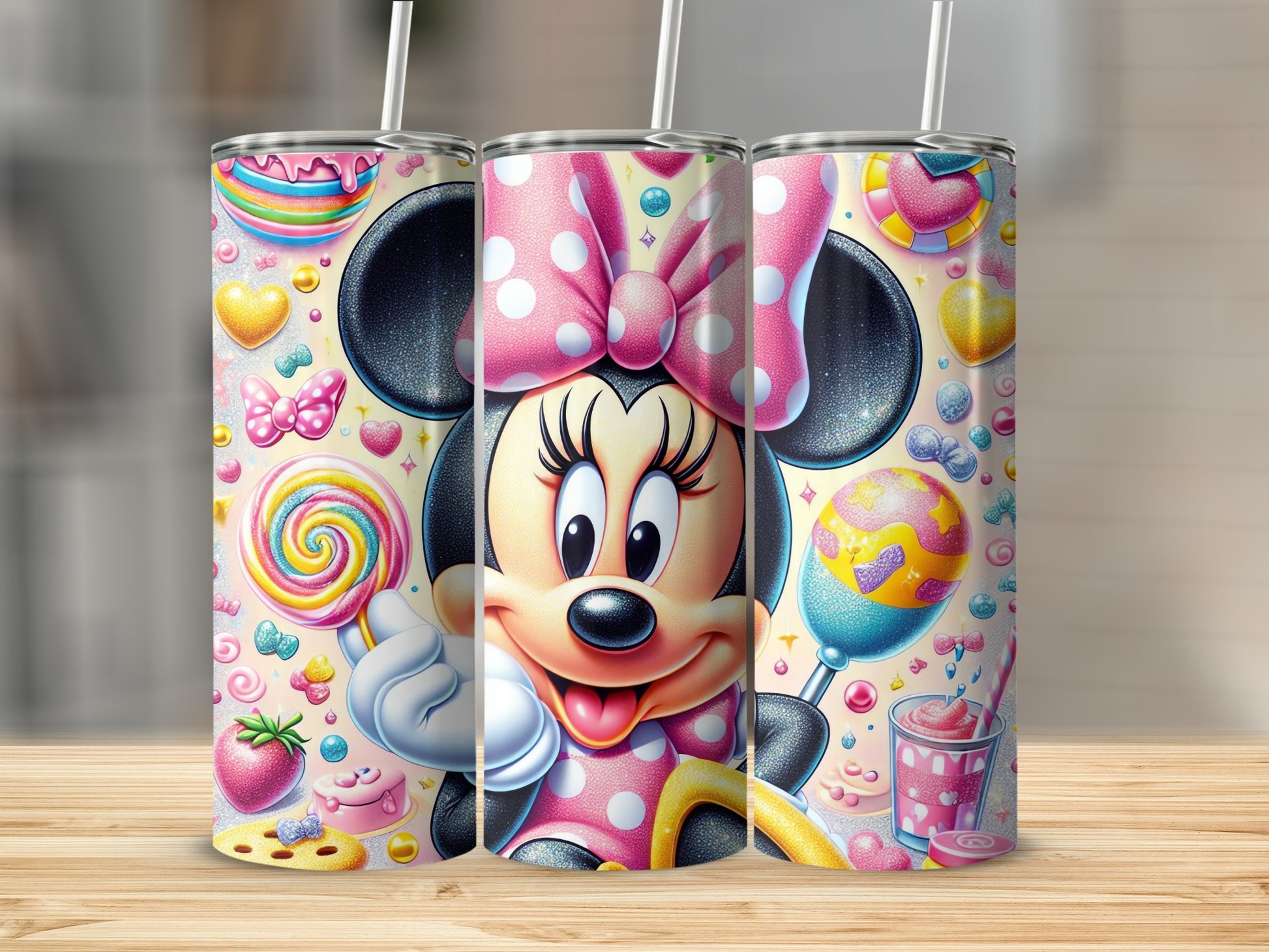 Colorful Minnie Mouse Tumbler With Straw Design