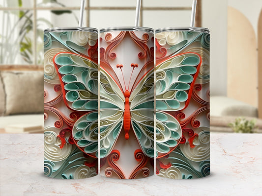 Three tumblers with intricate butterfly design, using colorful paper filigree.