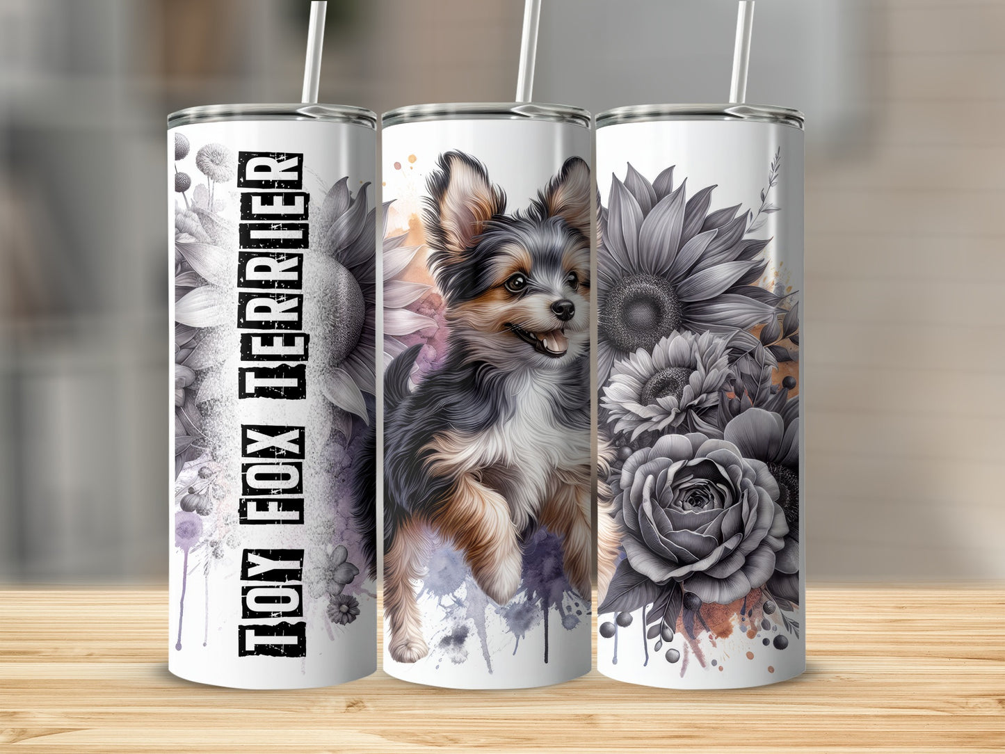 Three tumblers featuring a dog and floral designs.