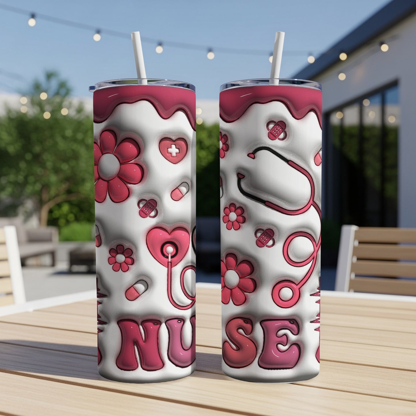 Pink and white nurse-themed tumbler with flowers, hearts, and "NURSE" text.