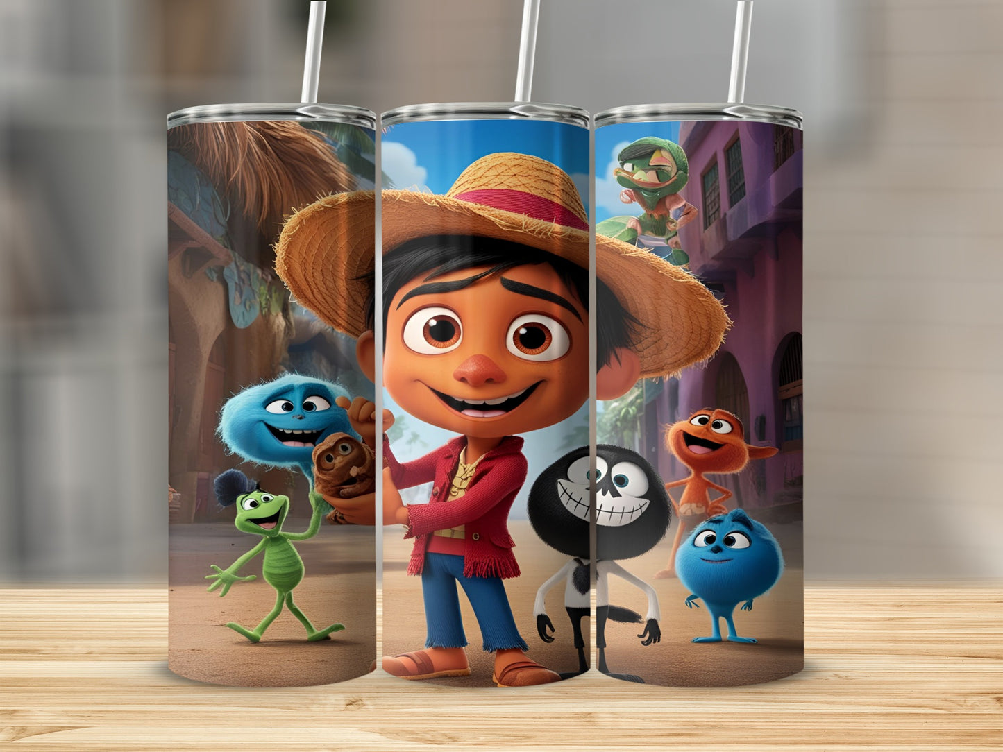 Man and cartoon characters from a movie on a tumbler.