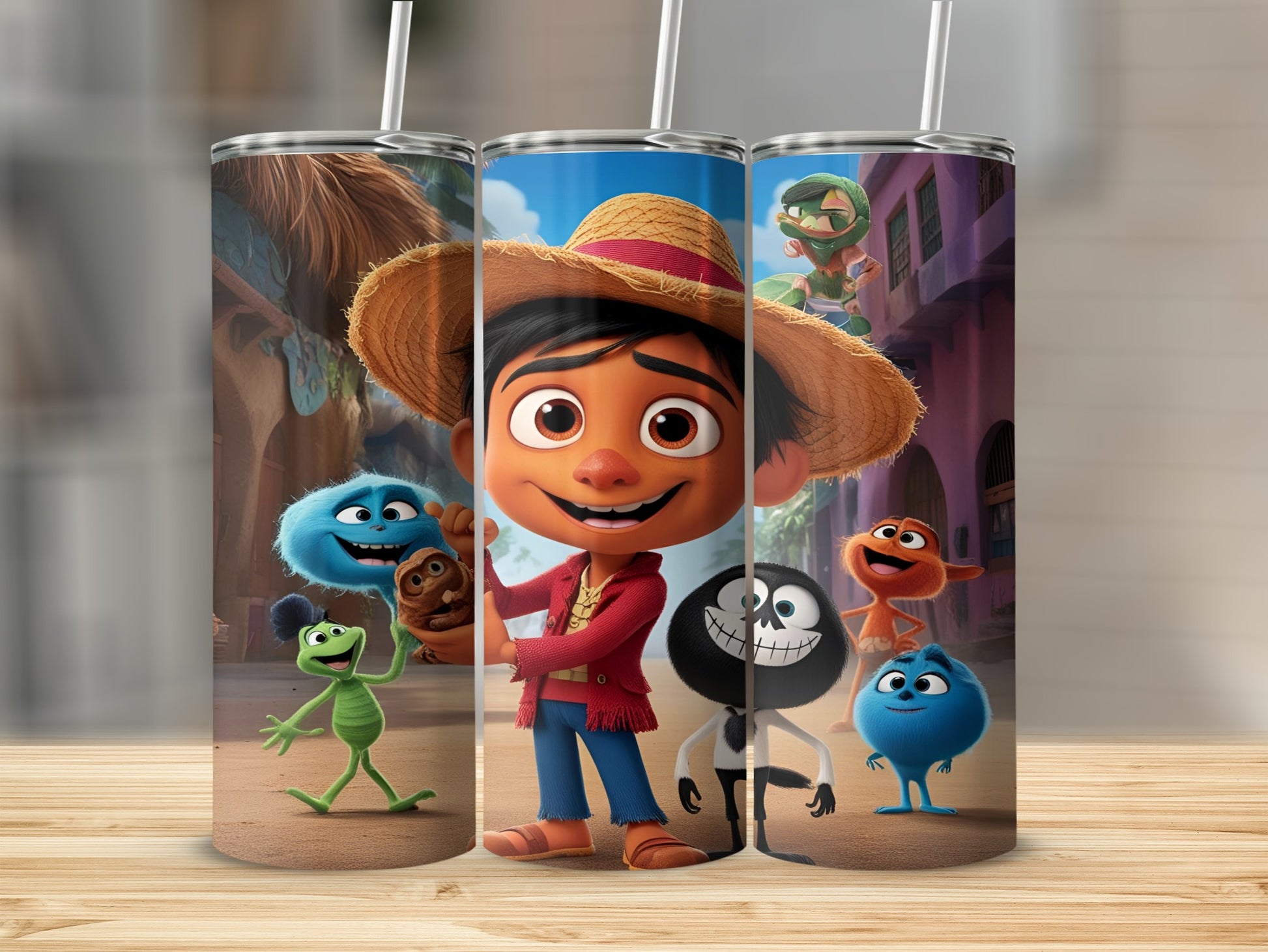 Man and cartoon characters from a movie on a tumbler.