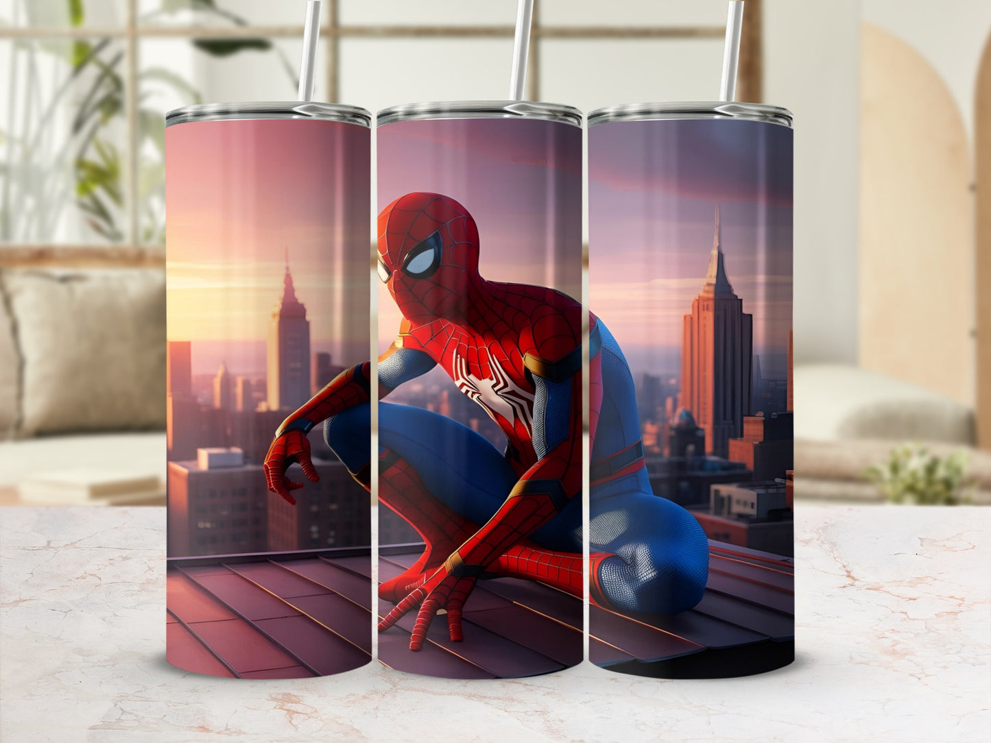 Spiderman crouching on a rooftop with a city skyline at sunset.