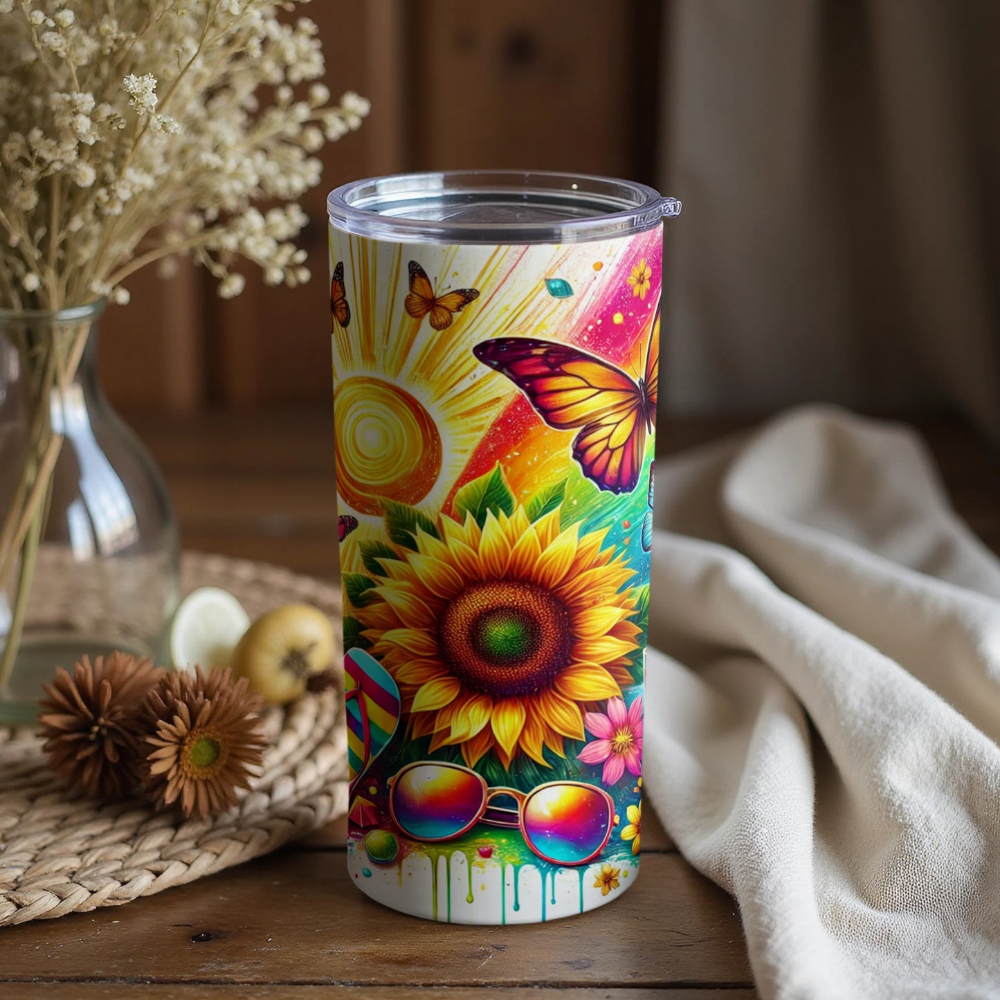 Vibrant Sunflower and Butterfly Summer Tumbler