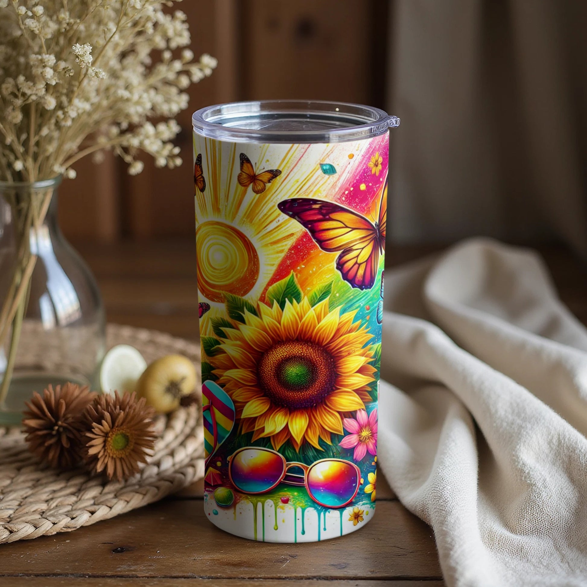 Vibrant Sunflower and Butterfly Summer Tumbler