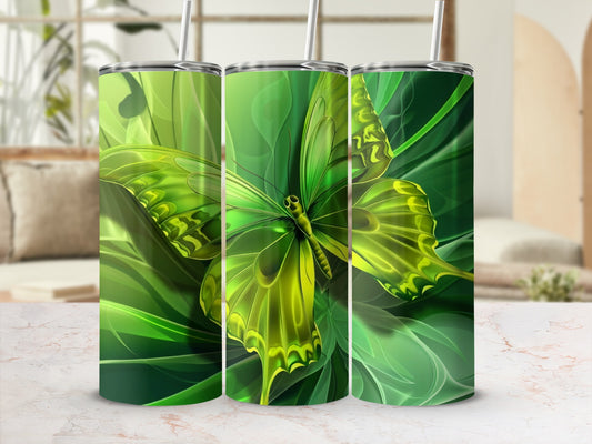 Green butterfly on a leafy background, three tumblers.