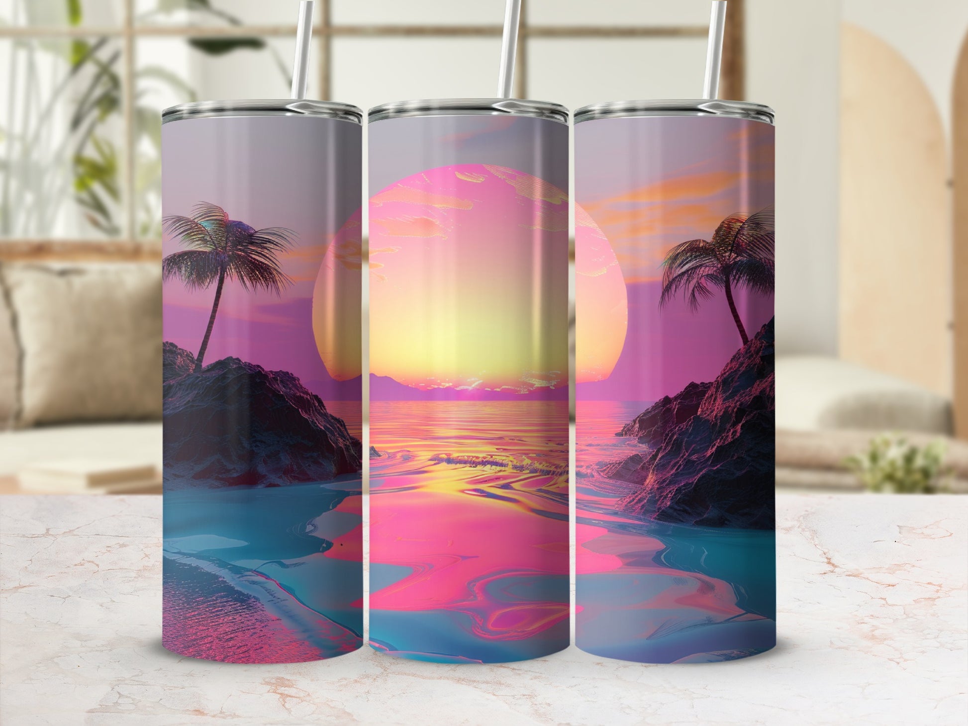 Three tumblers with sunset beach scene and palm trees.