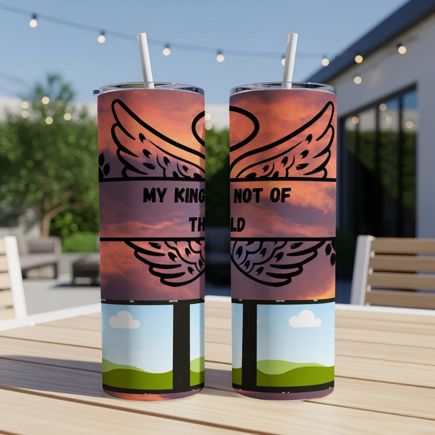 Two tumblers featuring wings and the text "MY KINGDOM NOT OF THIS WORLD".