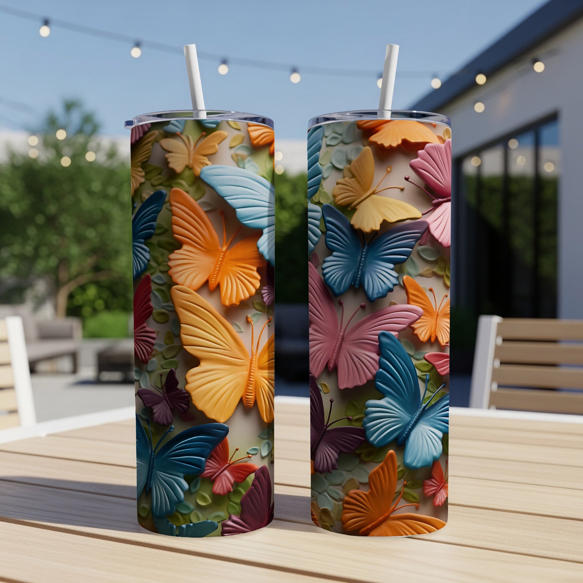 Two tumblers with raised butterfly designs in various bright colors.