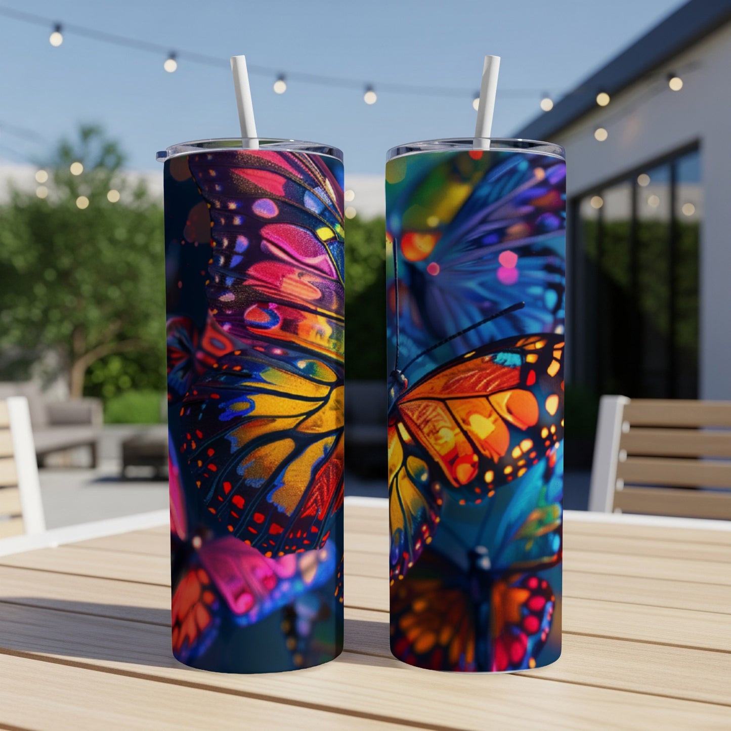 Two tumblers with vibrant, colorful butterfly wing designs on an outdoor table.