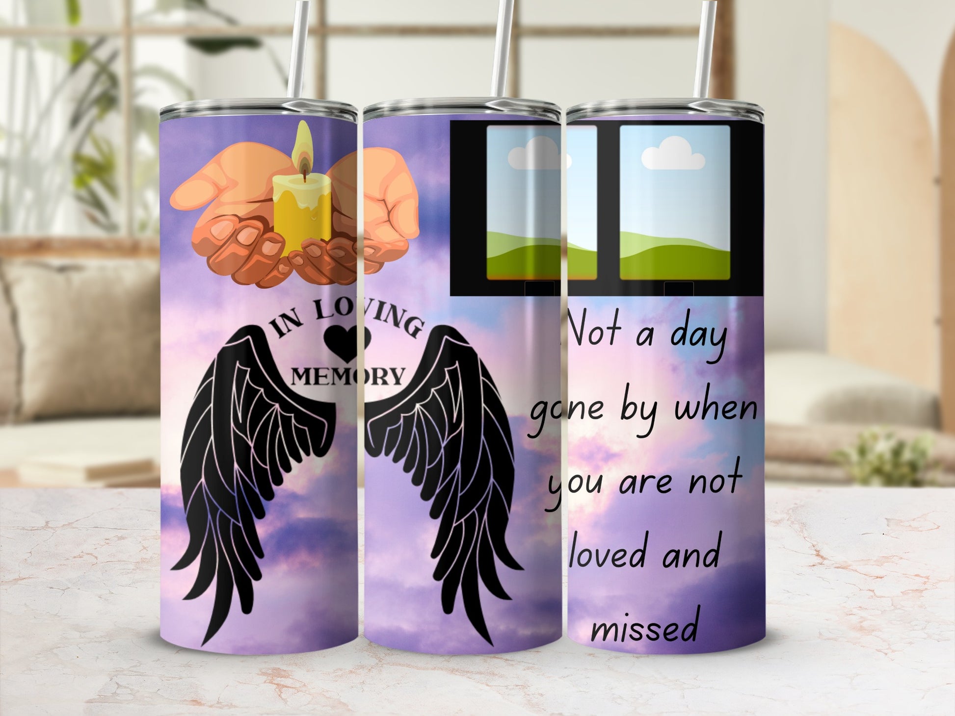 Tumbler with hands holding a lit candle and "In Loving Memory" text.