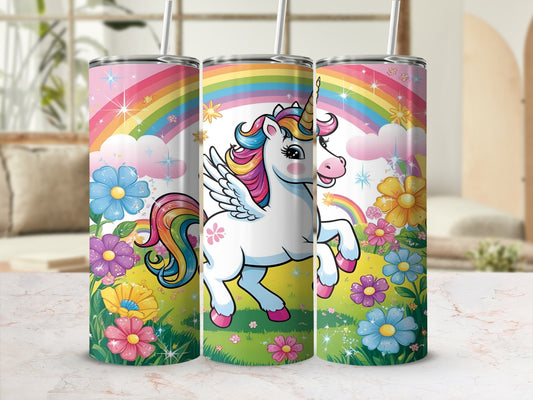Unicorn with rainbow and flowers on a skinny tumbler.