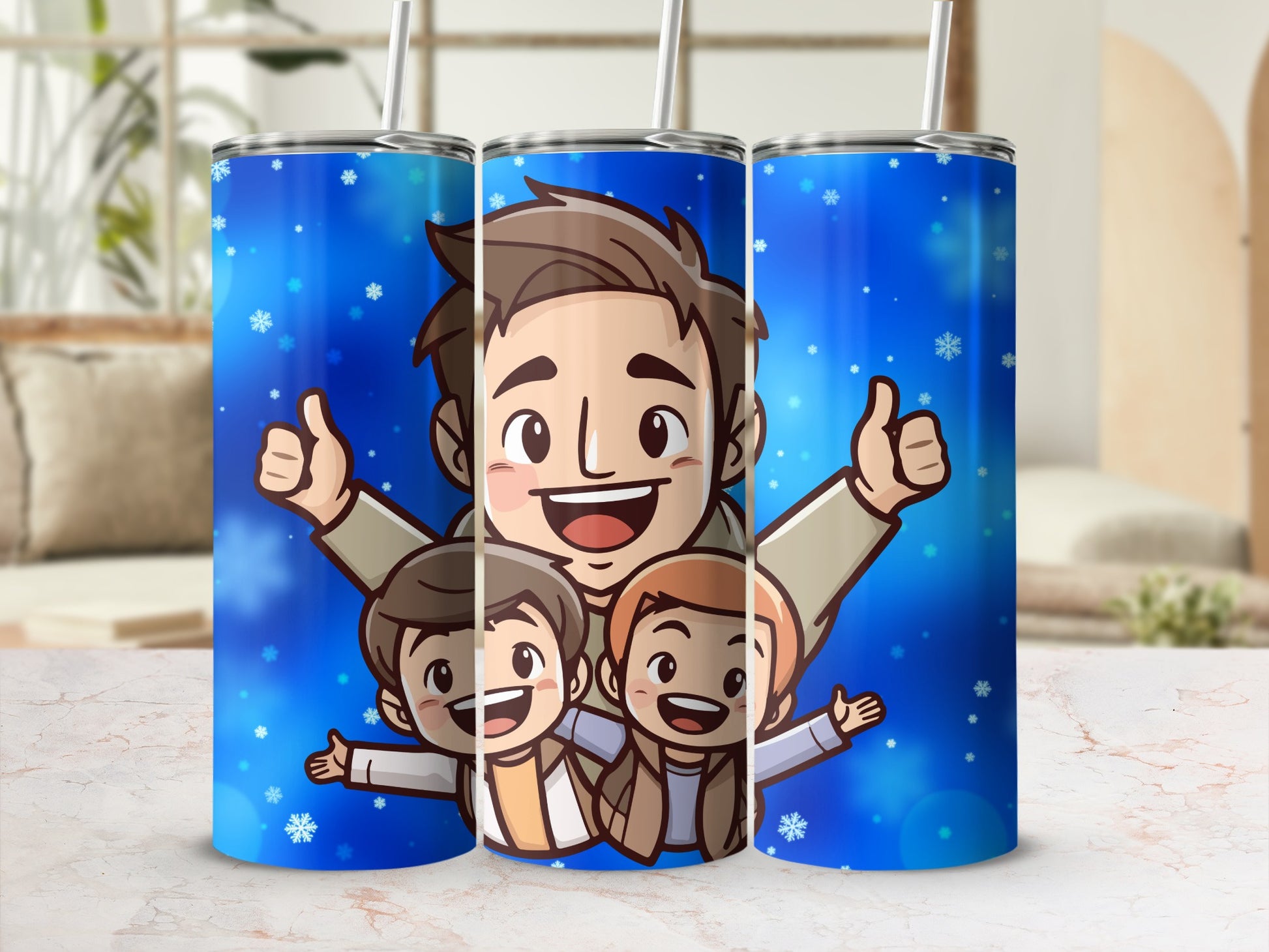 Cartoon Family Design Blue Themed Tumbler