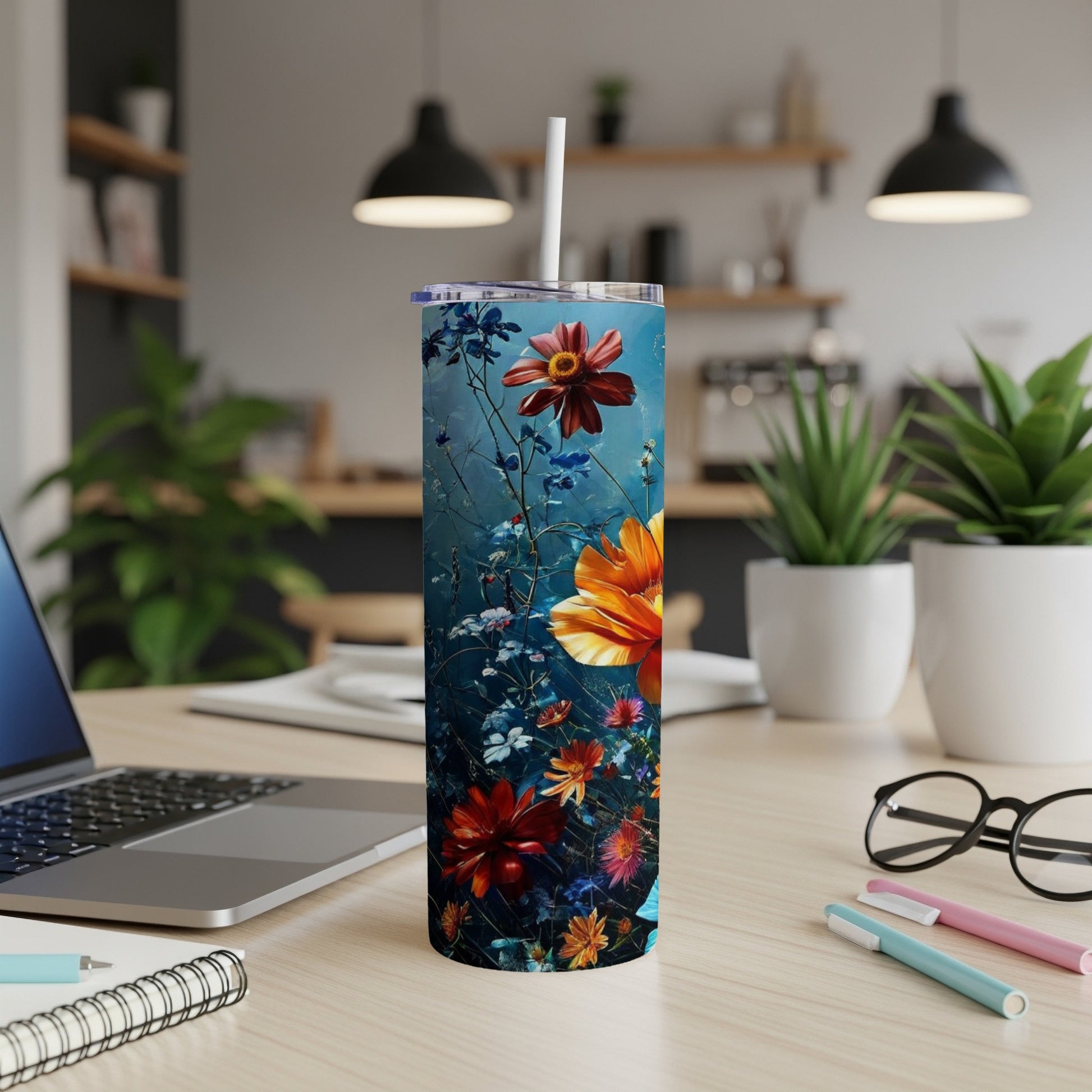 Tall tumbler with dark blue background and vibrant floral design.