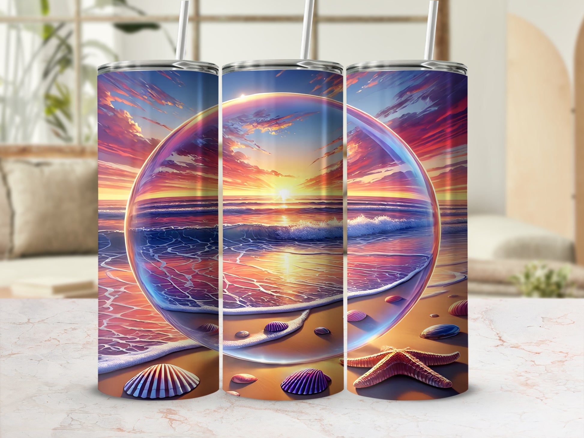 Beach sunset in a bubble on a tumbler with seashells and starfish.