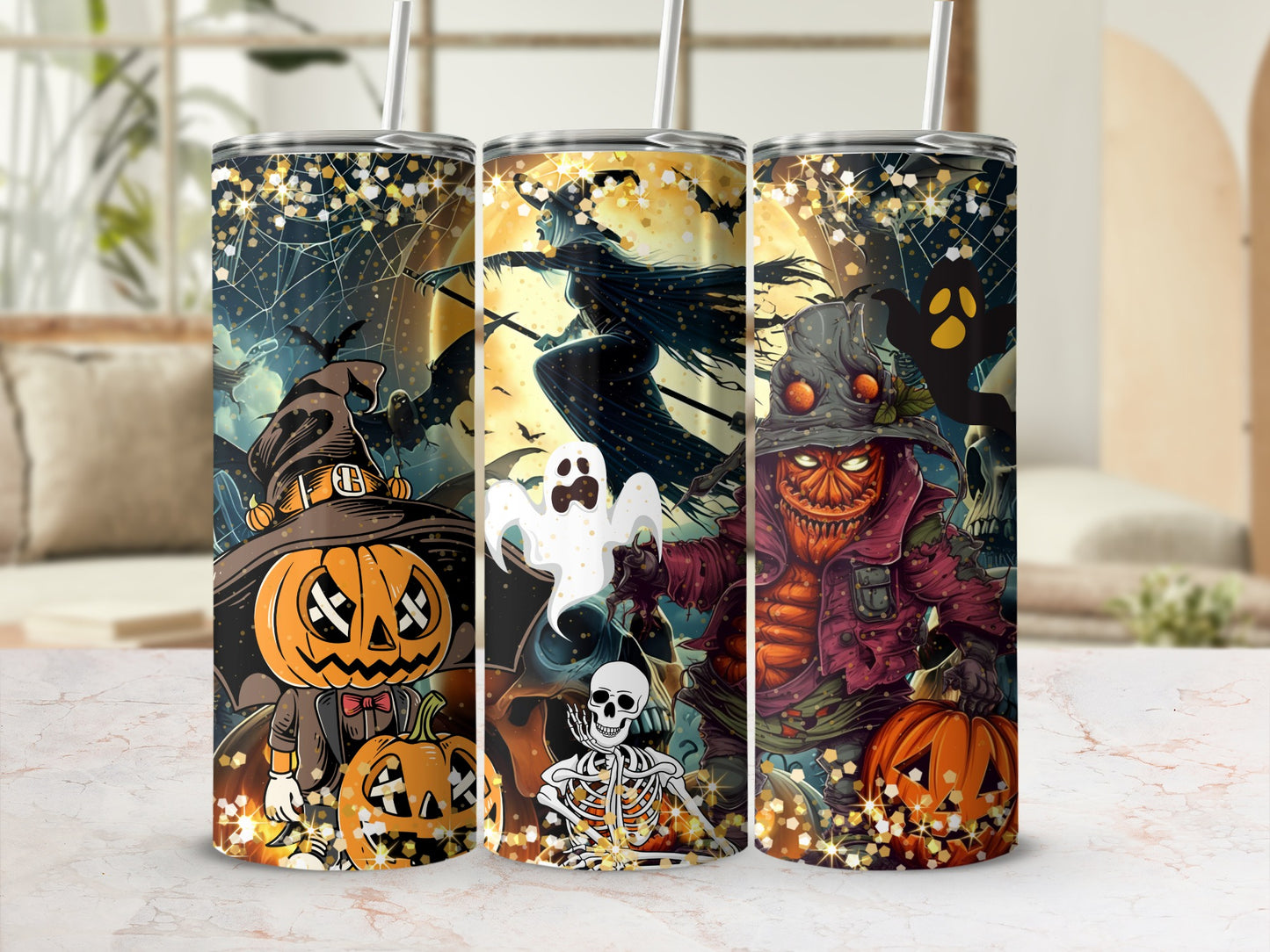 Halloween Spooky Pumpkin Ghost Skeleton Tumbler Set