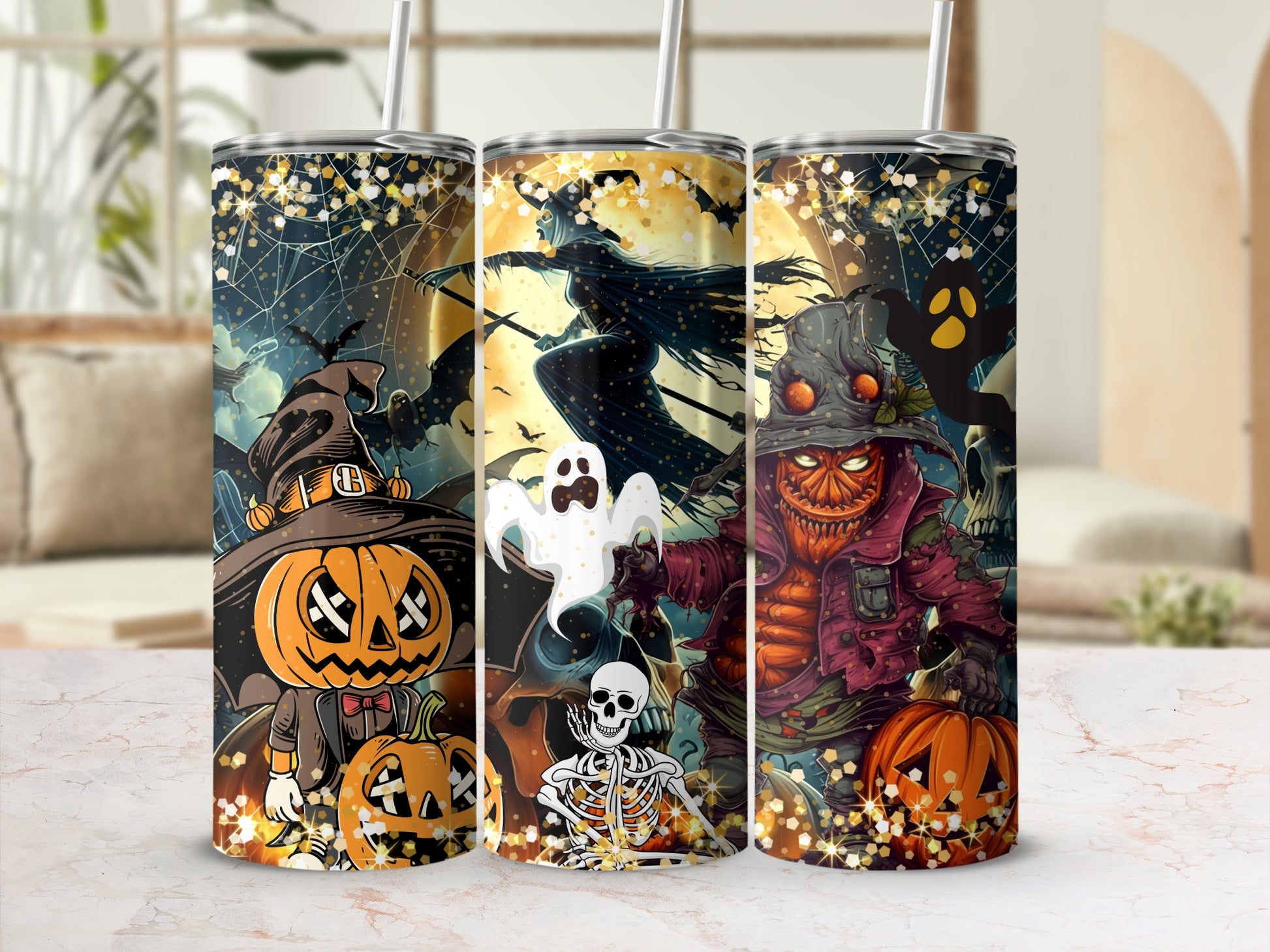 Halloween Spooky Pumpkin Ghost Skeleton Tumbler Set
