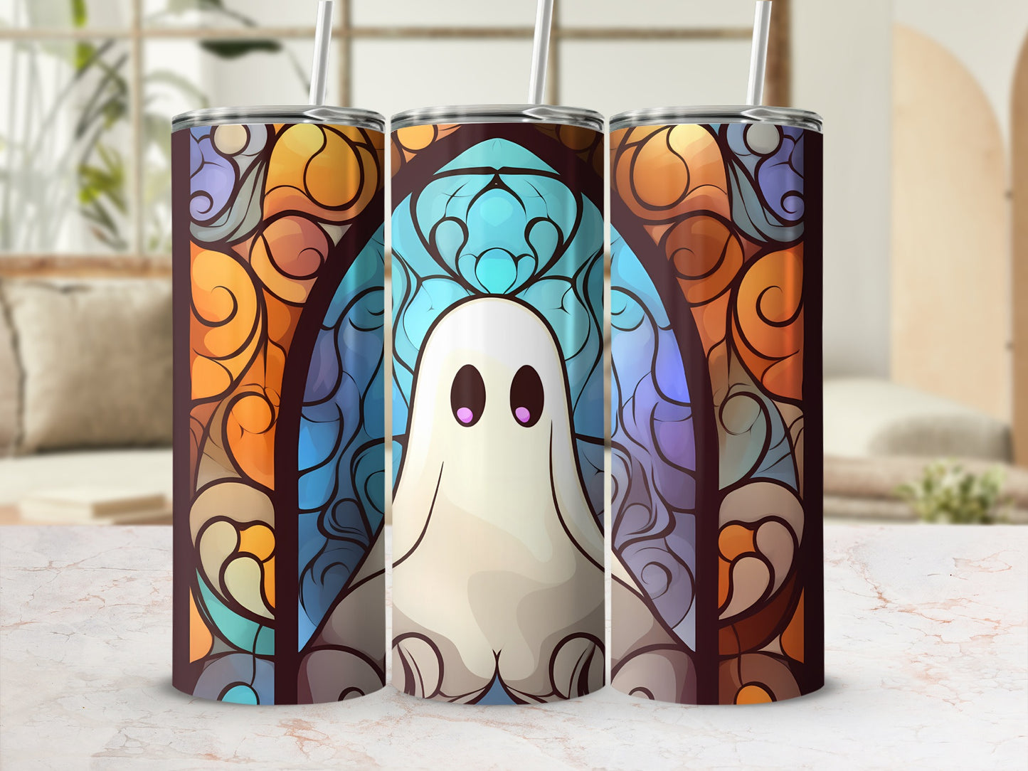 Ghost tumbler with stained glass pattern background.
