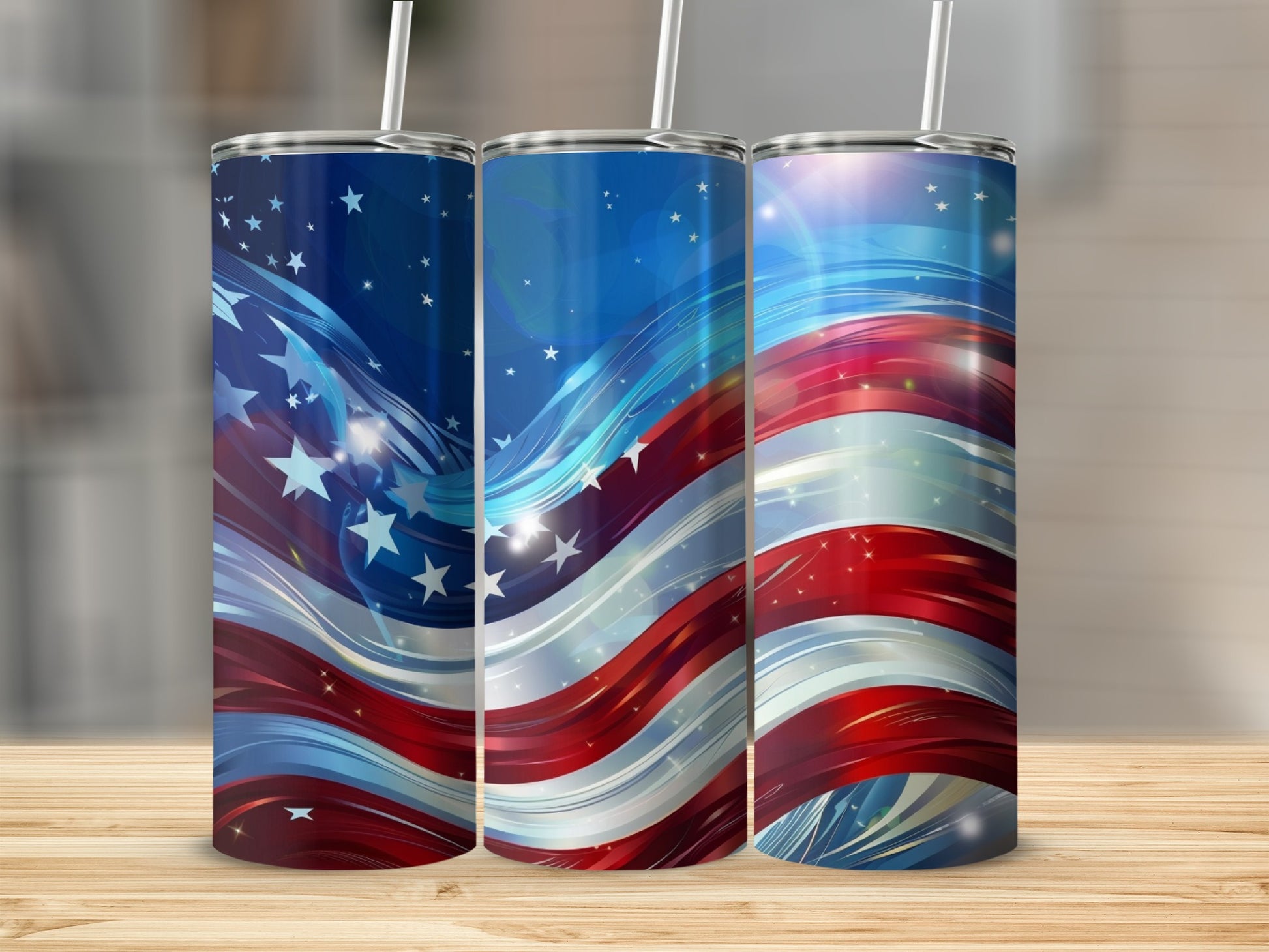 Three tumblers featuring an abstract American flag design with stars and stripes.